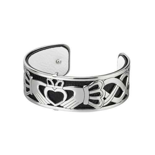 Rhodium Plated Double Trinity Bangle with Leather Insert