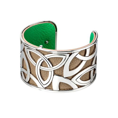 Rhodium Plated Double Trinity Bangle with Leather Insert