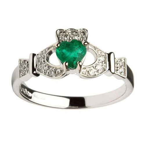 Women's 14 Karat White Gold Emerald & Diamond Set Claddagh Ring