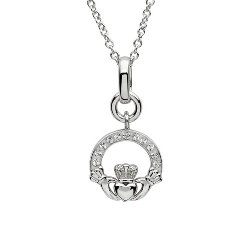 Sterling Silver Miniature Claddagh Pendant Embellished with Swarovski® White Crystals