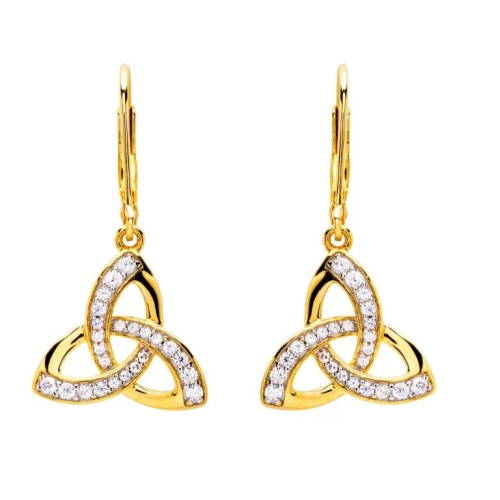 14KT Gold Vermeil Drop Trinity Knot Earrings Studded with White Cubic Zirconias