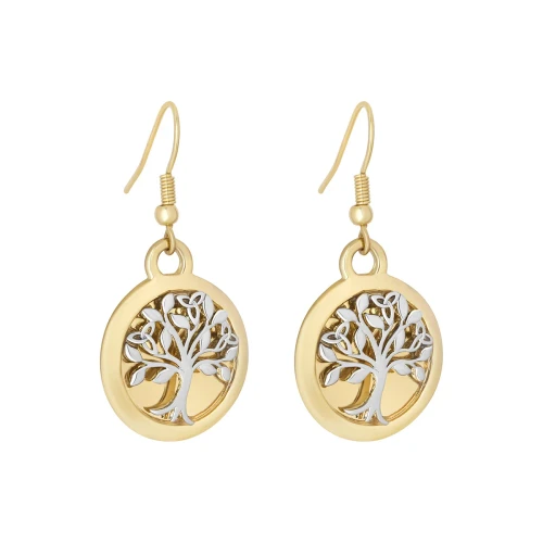 Two Tone Plated Tree of Life Fish Hook Earrings
