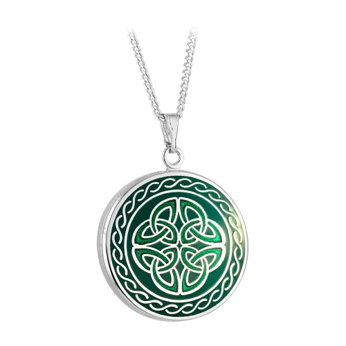 Rhodium BOK Green Enamel Four Trinity Knots Pendant