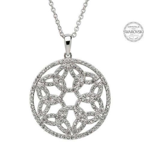 Sterling Silver Celtic Trinity Knot Circle Pendant Embellished with Swarovski® White Crystals