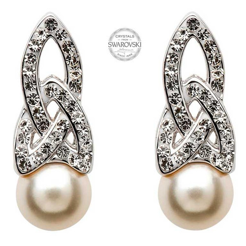 Sterling Silver Celtic Trinity Knot Pearl Earrings Embellished with Swarovski® White Crystals