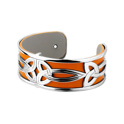 Rhodium Plated Double Trinity Bangle with Leather Insert