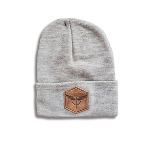 gray leather branded knit beanie