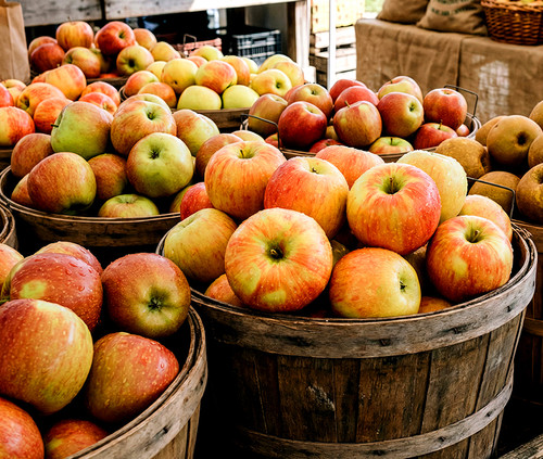 Food photography artwork of a barrel filled with apples