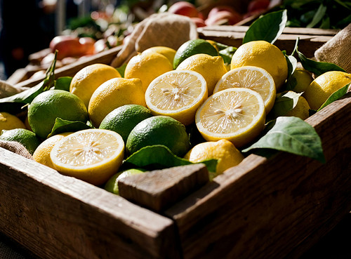 Sliced lemons and limes on wooden surface