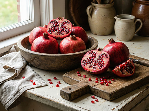 Cut pomegranates with seeds visible