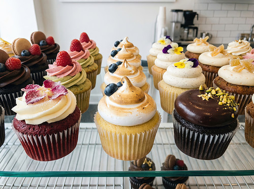 Assorted cupcakes on display