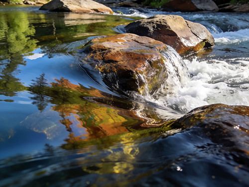 Water 20 flowing river photography with natural rocks and moving water, large-scale corporate wall art for office, hospitality, and healthcare interiors.