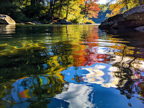 Water 16 autumn river photography with forest reflected in the water, corporate wall art for offices and healthcare environments.
