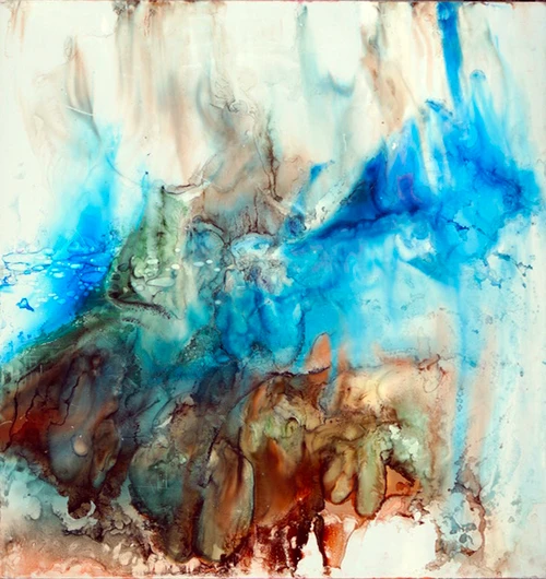 15. 36”x36” Mixed Media on Metal square abstract mixed media painting on metal panel with bold shapes and textured contemporary design