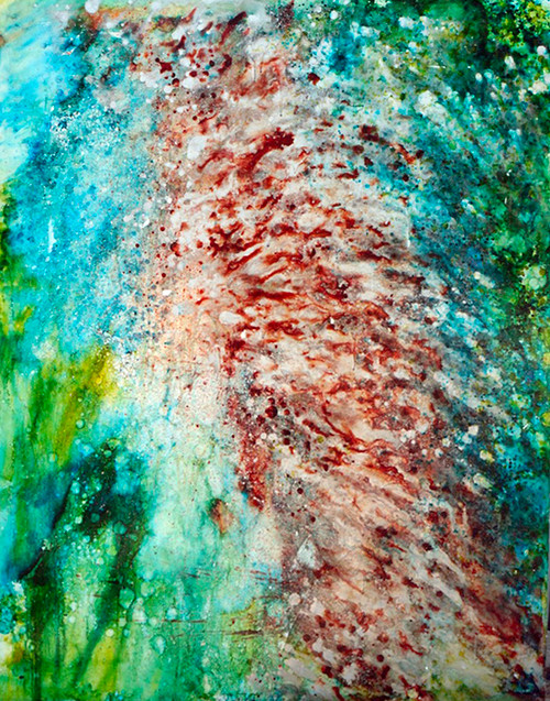 19.48”x60” Mixed Media on Metal abstract metal artwork with expressive mixed media layers and bold contemporary composition