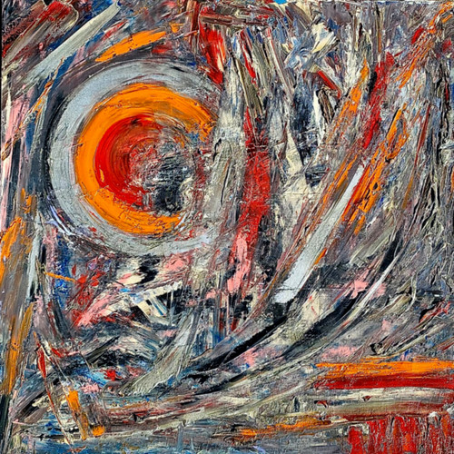 2.36"x36" oil on stretched canvas contemporary abstract oil painting with textured layers and dynamic color composition