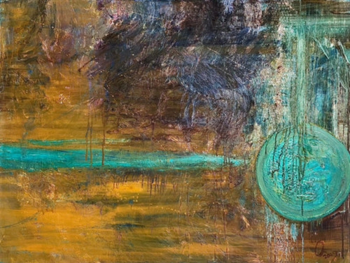 6.40”x30” oil on stretched canvas abstract landscape with dynamic brushwork