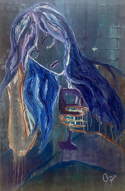 10.36”x24” oil on stretched canvas abstract painting with layered textures and expressive brushwork