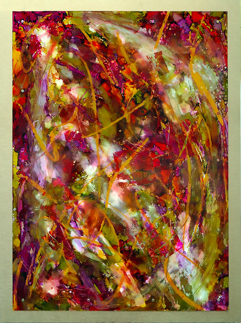 1.48”x60” mixed media on reverse acrylic, brushed gold metal mount large reverse glass mixed media artwork with layered pigments and modern abstract composition