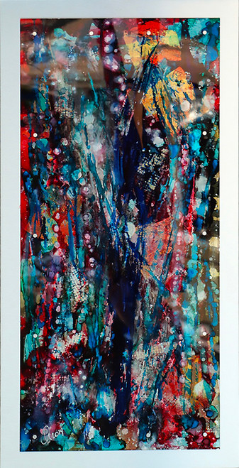 3.24”x48” mixed media on reverse acrylic, brushed silver metal mount contemporary reverse glass mixed media painting with layered pigments