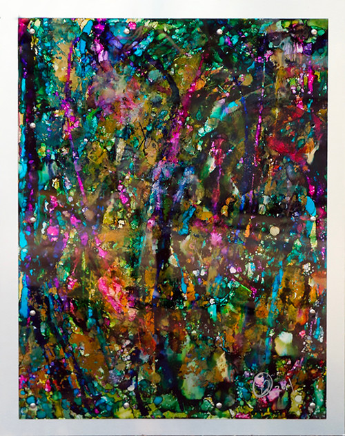 4.48”x60” mixed media on reverse acrylic, brushed gold metal mount large contemporary reverse glass artwork with layered pigments and abstract design