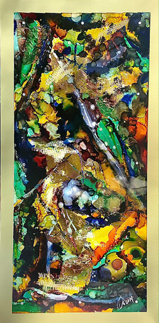 12.24”x48” mixed media on reverse acrylic, brushed gold metal mount reverse glass mixed media painting with luminous layered pigments and contemporary design