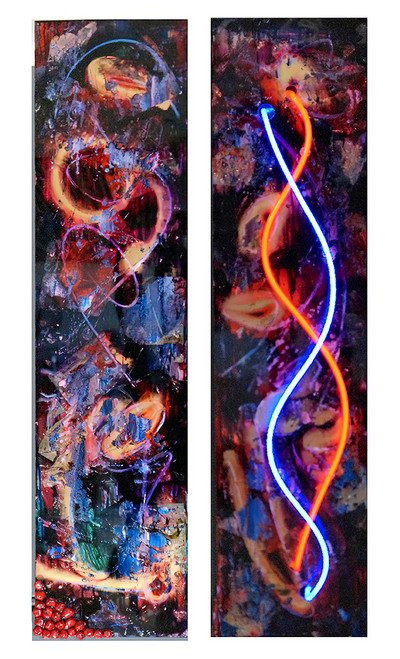 What Came First neon fine art sculpture with expressive Italian glass neon form exploring conceptual abstraction, contemporary corporate wall art