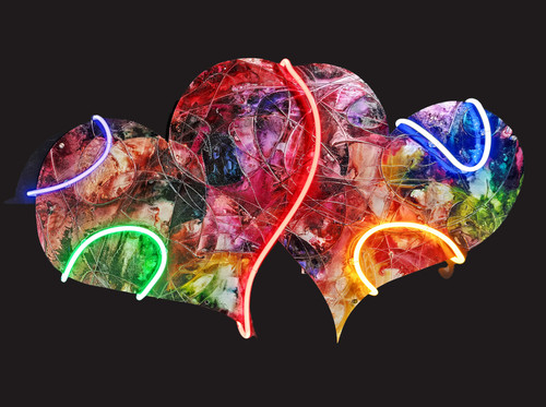 Soul Mates neon artwork featuring two glowing Italian glass neon hearts, contemporary fine art installation for corporate offices and hospitality spaces