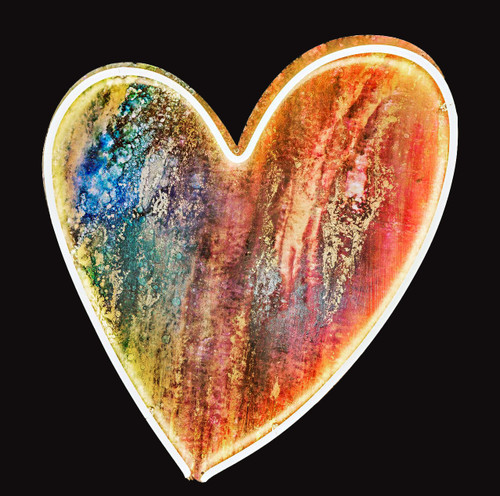 Unity neon fine art with glowing heart shaped Italian glass neon line, contemporary statement artwork for modern corporate and hospitality interiors