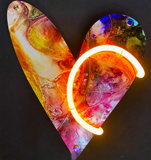Mini Yellow Heart neon fine art sculpture with Italian glass neon forming a glowing yellow heart, contemporary statement artwork for corporate and hospitality interiors