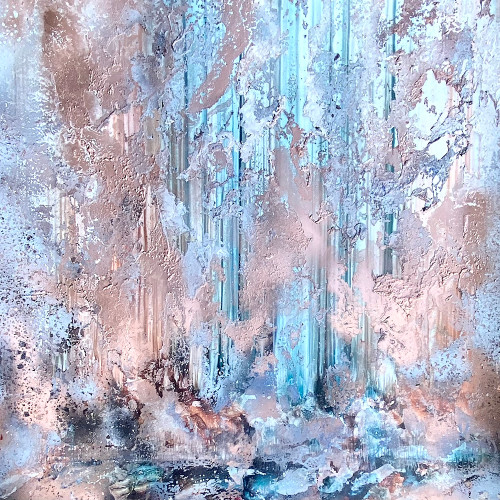 Angels Rising 44”x54” abstract landscape painting with uplifting horizon forms and luminous layered textures