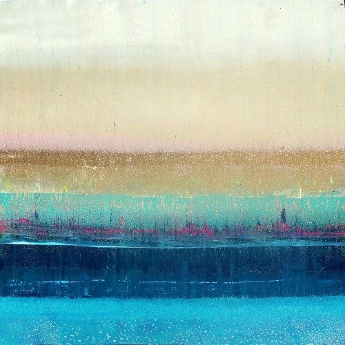 It Was All A Dream 48”x48” abstract ocean painting with dreamy horizon colors and layered coastal textures
