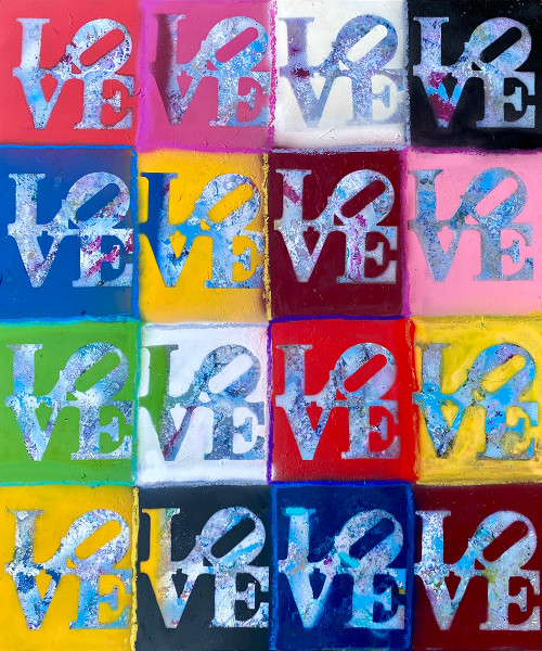 Love typography wall art in colorful tiles with playful modern design