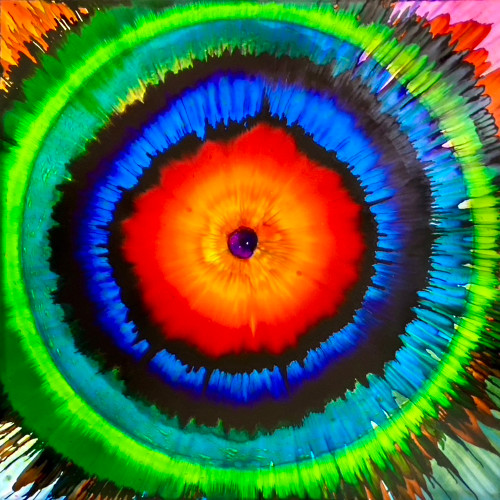 Orange Bloom 40”x40” playful abstract floral inspired painting with vibrant orange tones and layered textures