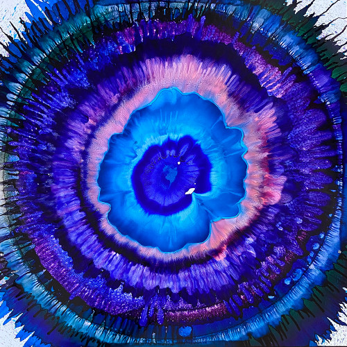 Third Eye 40”x40” playful spiritual abstract painting with vibrant circular forms and radiant colors