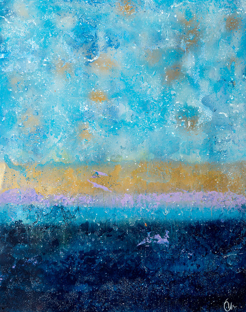Gilded Clouds 38”x48” ocean horizon painting with luminous cloud textures and golden coastal tones