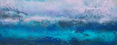 Tide 1 15”x40” ocean inspired abstract painting with rhythmic wave textures and flowing coastal tones