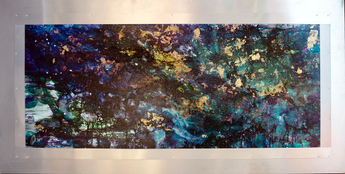 Below the Surface abstract mixed media metal painting inspired by depth and hidden movement beneath layered textures