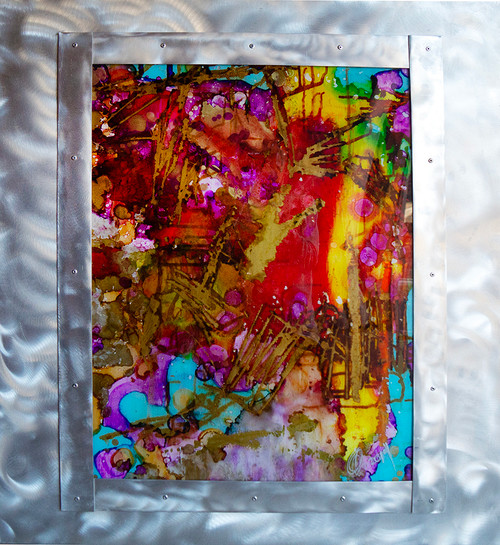 Carnival vibrant abstract mixed media artwork on metal with energetic color and playful layered composition