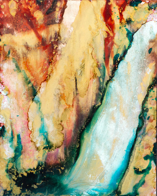 Crystal Falls abstract metal artwork inspired by cascading water with luminous textures and flowing forms