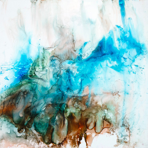 Dreamlike abstract mixed media artwork on metal with soft flowing forms and atmospheric layered color