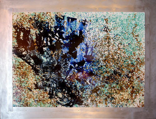 Echos of Blue abstract mixed media artwork on metal with layered blue textures and flowing contemporary composition