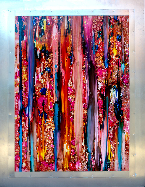 Party Favors vibrant abstract mixed media artwork on metal with colorful shapes and playful layered textures