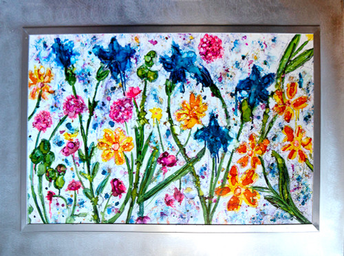 Original abstract metal artwork Wildflowers featuring colorful abstract botanical forms and textured layers, contemporary art for corporate spaces.