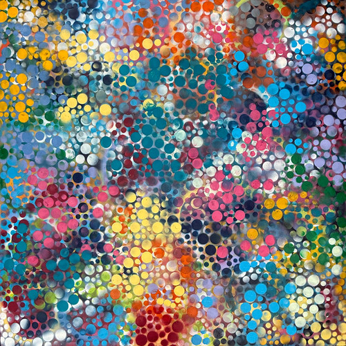 Cirque du Circle 60x60 playful geometric abstract painting with bold circular shapes and vibrant color palette