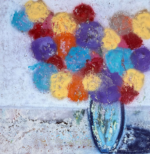 Faded Blooms 60x60 playful abstract floral painting with soft pastel colors and layered organic textures