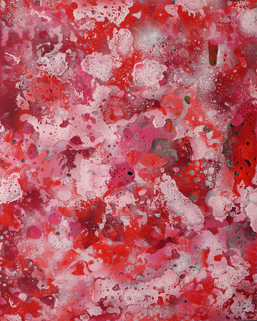 Red Reflections Within 24”x30” playful abstract painting with vibrant red reflections and layered color textures