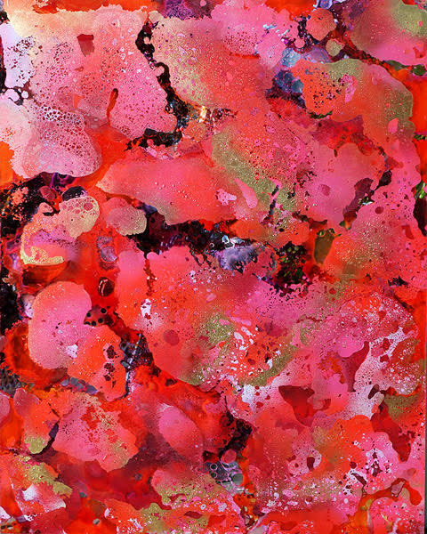 Rose Reflections Within 24”x30” playful abstract painting with rose colored tones and reflective layered textures