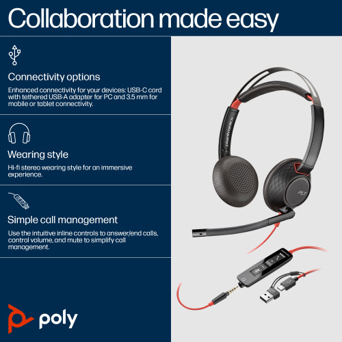 POLY Blackwire 5220 Stereo USB-C Headset +3.5mm Plug +USB-C/A Adapter