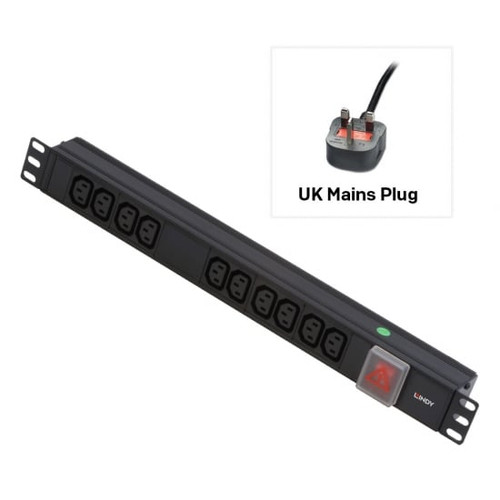 1U 10 Way IEC Sockets, Horizontal PDU with UK Mains Plug